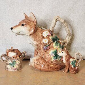 VTG Fitz and Floyd Happy Fox Ceramic Water Pitcher Creamer & Sugar 1990-1991